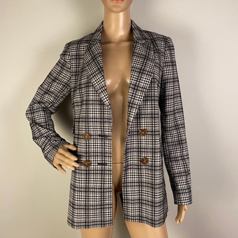 NEW TOPSHOP DOUBLE-BREASTED CHECK PRINT SUIT JACKET - Picture 2 of 7